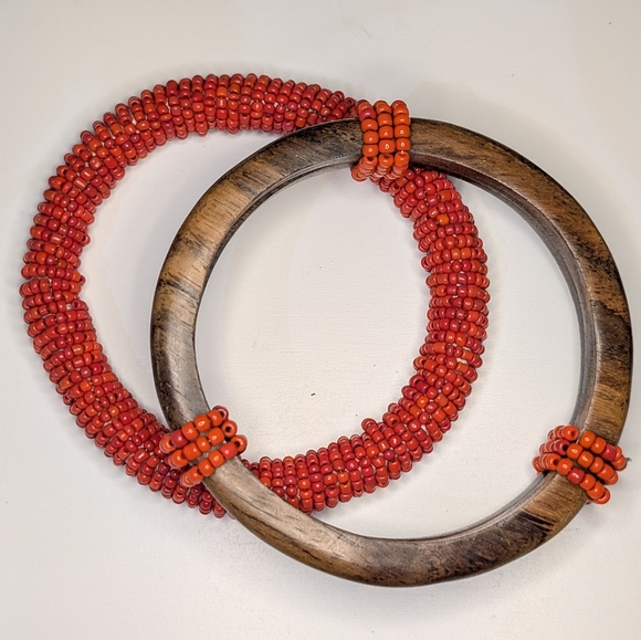 Boho Red Beaded & Wooden Bangle Bracelet Set – Statement Chunky Style - Picture 1 of 7